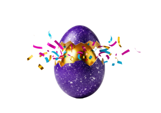 meticulously detailed purple easter egg speckled with silver, bursting open symmetrically to show metallic gold inside, vibrant confetti frozen mid-air on white, sophisticated celebration concept