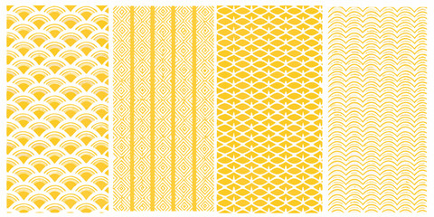 Collection of four seamless yellow and white geometric and organic patterns © Dayal