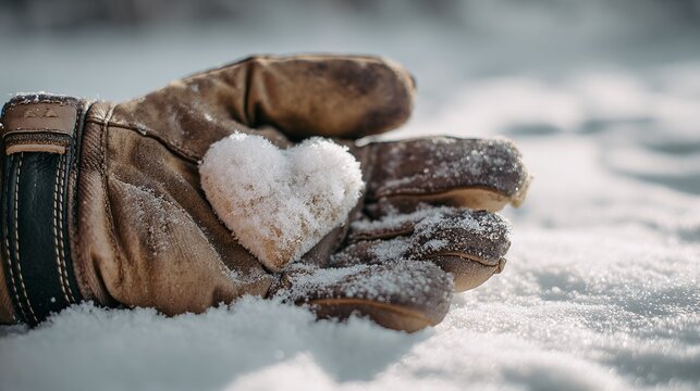 A weathered brown glove cradles a snow heart, a symbol of warmth in winter's chill. The delicate heart contrasts with the glove's rugged texture, capturing love's enduring spirit.
