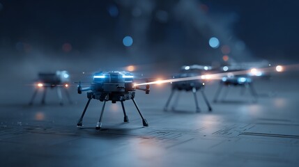 Ai powered robotic cyber defense drone scanning futuristic base