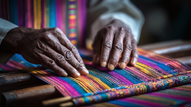 Crafting Tradition: Skilled hands weave vibrant threads into a colorful textile. A beautiful blend of artistry and heritage is created with care and dedication.