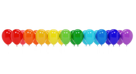 a perfectly aligned row of glossy latex balloons featuring a seamless rainbow color gradient against a transparent studio background, sharp focus and diffuse lighting. concept of minimalist