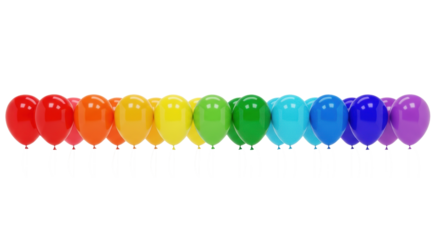 a perfectly aligned row of glossy latex balloons featuring a seamless rainbow color gradient against a transparent studio background, sharp focus and diffuse lighting. concept of minimalist