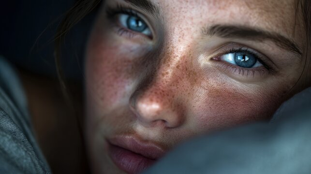 A young woman with captivating blue eyes and freckles gazes softly while lying against a pillow in a cozy indoor setting during the evening. Her relaxed expression evokes tranquility and warmth. - Powered by Adobe