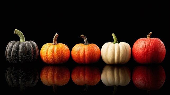 A vibrant array of colorful gourds lined up against a stark black backdrop. The diverse hues and reflections create a visually stunning composition, celebrating autumn?s bounty.