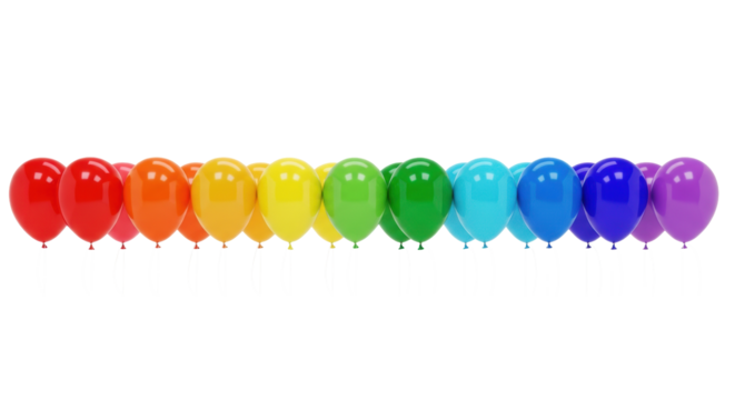 a perfectly aligned row of glossy latex balloons featuring a seamless rainbow color gradient against a transparent studio background, sharp focus and diffuse lighting. concept of minimalist