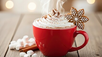 Delicious cocoa with whipped cream and a cookie