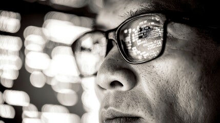 Focused Insight: A close-up view of a person with eyeglasses reflects a digital screen, signifying deep concentration in a tech-driven world.