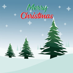 Festive illustration featuring stylized evergreen trees and holiday greeting.