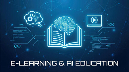 E-learning, Online education concept with open book icon, AI brain, creative thinking and video representing interactive smart learning and knowledge management