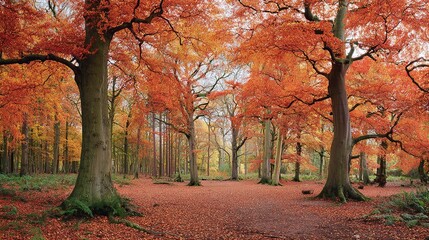 Naklejka premium An immersive autumn landscape with vibrant red and orange foliage. Tall trees stand guard over a carpet of fallen leaves, creating a captivating scene of seasonal beauty.