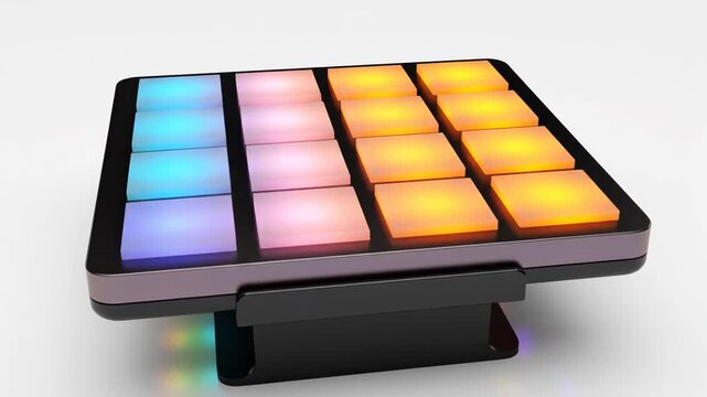 Close up of a modern music production midi pad controller with illuminated rgb square button grid isolated on white background
