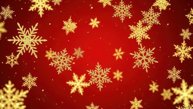 Shimmering Golden Snowflakes on a Red Background
