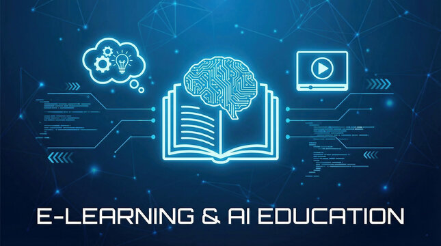 E-learning, Online education concept with open book icon, AI brain, creative thinking and video representing interactive smart learning and knowledge management