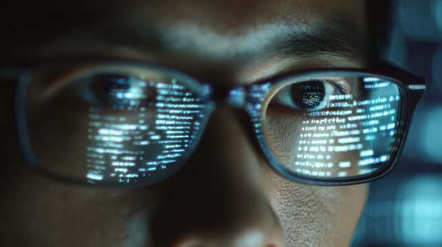 Digital Reflections: A close-up shot of an individual, eyes gleaming with focused intensity, gazing at computer code reflected in their spectacles.