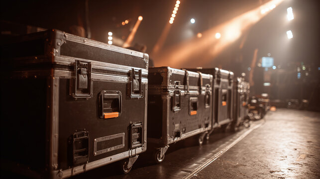 Road cases lined up backstage, ready for the next tour. The stage is set, lights are on, and the equipment is prepped for a seamless performance.  Behind the scene