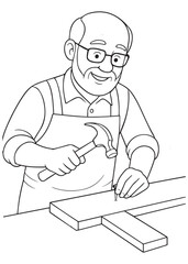 Coloring book Carpenter father hammering wood on his workbench