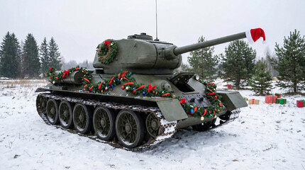 Tank decorated with Christmas garland