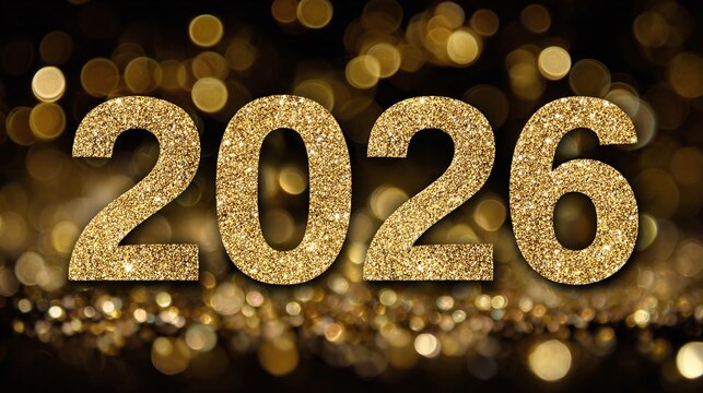Glittering gold "2026" against soft bokeh lights evokes anticipation for the future. A celebratory image, symbolizing new beginnings and the excitement of what's to come.