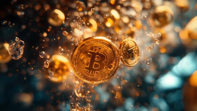 Video A single bitcoin coin floating on the surface of calm water, with no additional elements or distractions