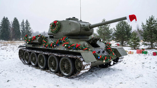 Tank decorated with Christmas garland