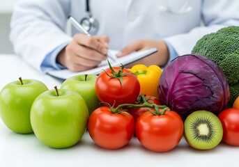 Doctor consulting with fresh produce nutritionist stethoscope