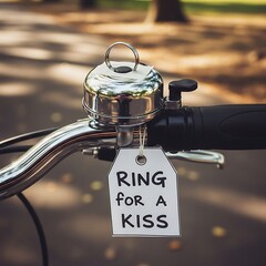 Obraz premium Bicycle handlebar with bell and Ring for a Kiss tag 