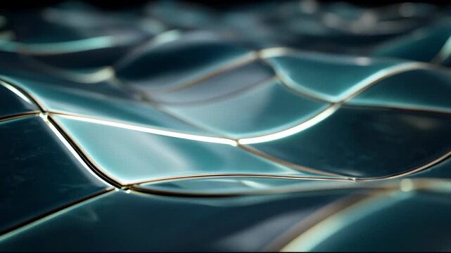 Close-up of a textured surface resembling waves, featuring glossy blue tiles with golden edges. The tiles create a fluid, dynamic pattern.