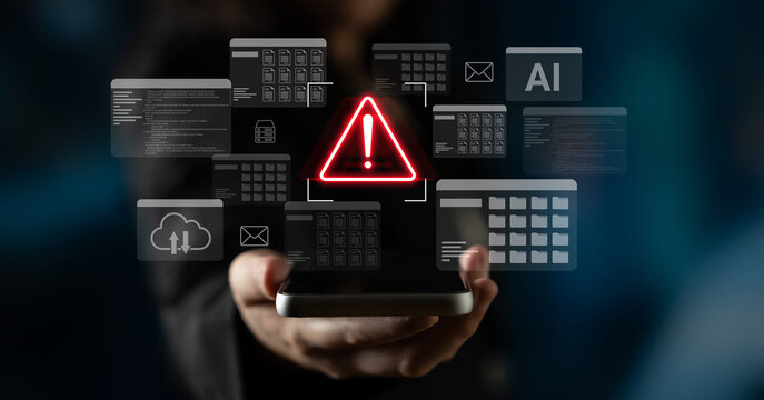 A smartphone displays a warning alert icon, surrounded by various digital data icons, symbolizing technological threats and security in an interconnected digital landscape. Gantry