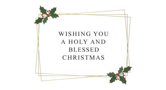 Religious Christmas holiday greeting card with holly leaves, red berries, and geometric frame. A holy and blessed Christmas message for festive celebration.