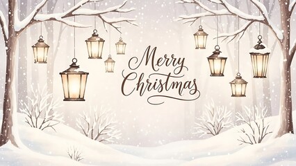 Magical winter forest scene with hanging lanterns and merry christmas greeting