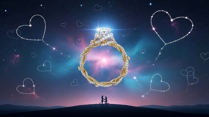 Diamond engagement ring floating in starry sky with proposal silhouette diamond ring love