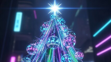 Vibrant futuristic christmas tree illuminated with neon lights and ornaments in a cityscape