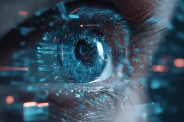 Vision of the Future: An intimate portrayal of an eye, intertwined with holographic data streams, symbolizes innovation and technological advancement.