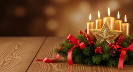 Advent wreath with five lit golden candles and a star decoration on a wooden table. Festive background for Christmas and holiday season.