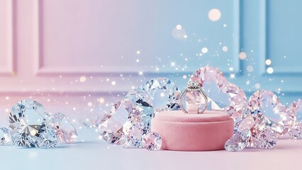 Diamond Ring on Pink Velvet Stand Surrounded by Large Diamonds engagement ring jewelry