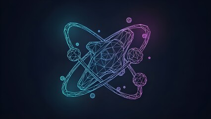 Fototapeta premium A low-poly, wireframe illustration combining a rocket ship or aerospace vehicle with an abstract atom structure, complete with orbiting spheres.