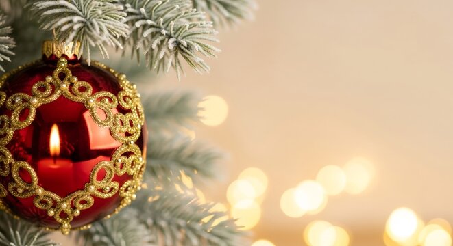 Red Christmas ornament with golden detail on a snow-dusted fir tree branch, reflecting a candles glow and bokeh lights for holiday season greeting card. - Powered by Adobe