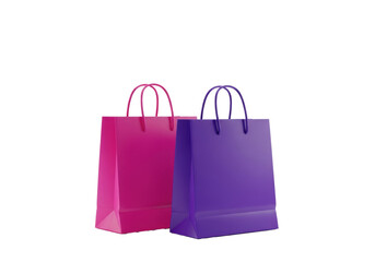 two vibrant magenta and purple premium shopping bags on a transparent background with subtle shadow, floating 3d heart-eyes emoji and thumbs-up icon. concept of customer satisfaction