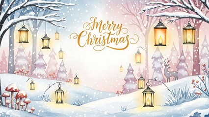 Magical winter forest scene with hanging lanterns and merry christmas greeting