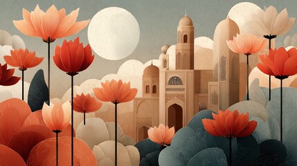  boho flat illustration of a peaceful temple scene for Mahayana New Year, muted warm palette, lotus blooms, gentle flowing lines, abstract clouds