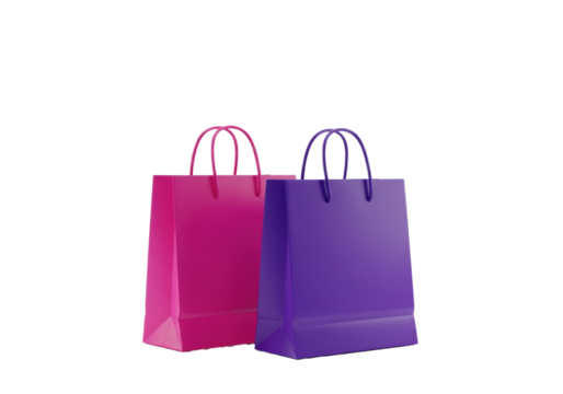 two vibrant magenta and purple premium shopping bags on a transparent background with subtle shadow, floating 3d heart-eyes emoji and thumbs-up icon. concept of customer satisfaction