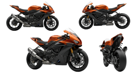 triptych view of a hyper-aerodynamic metallic orange superbike featuring carbon fiber details and exposed inline-four engine, isolated on a transparent studio background. Concept for luxury