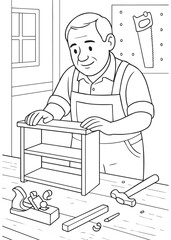 Coloring book Carpenter father assembling a small wooden shelf