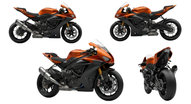 triptych view of a hyper-aerodynamic metallic orange superbike featuring carbon fiber details and exposed inline-four engine, isolated on a transparent studio background. Concept for luxury