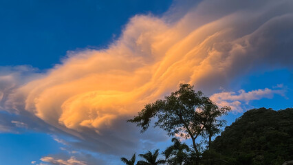 Huge golden wave-shaped lenticular cloud at sunrise towering above trees in Wulai New Taipei City Taiwan.