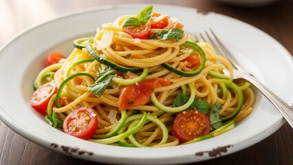Fresh Zucchini Pasta Spaghetti Cherry Tomato Basil.