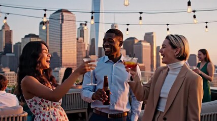 Diverse group of friends celebrating with cocktails on rooftop at sunset urban cityscape background