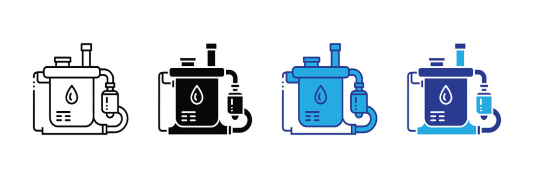 Clean water filter system icon showing purification process with droplet, pipe, and container for liquid processing and hygiene.