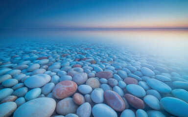 Naklejka premium Underwater view of smooth pebbles on a beach with a serene sunset sky